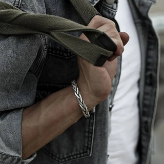 Braided silver open-cuff bracelet for men | Torin -3