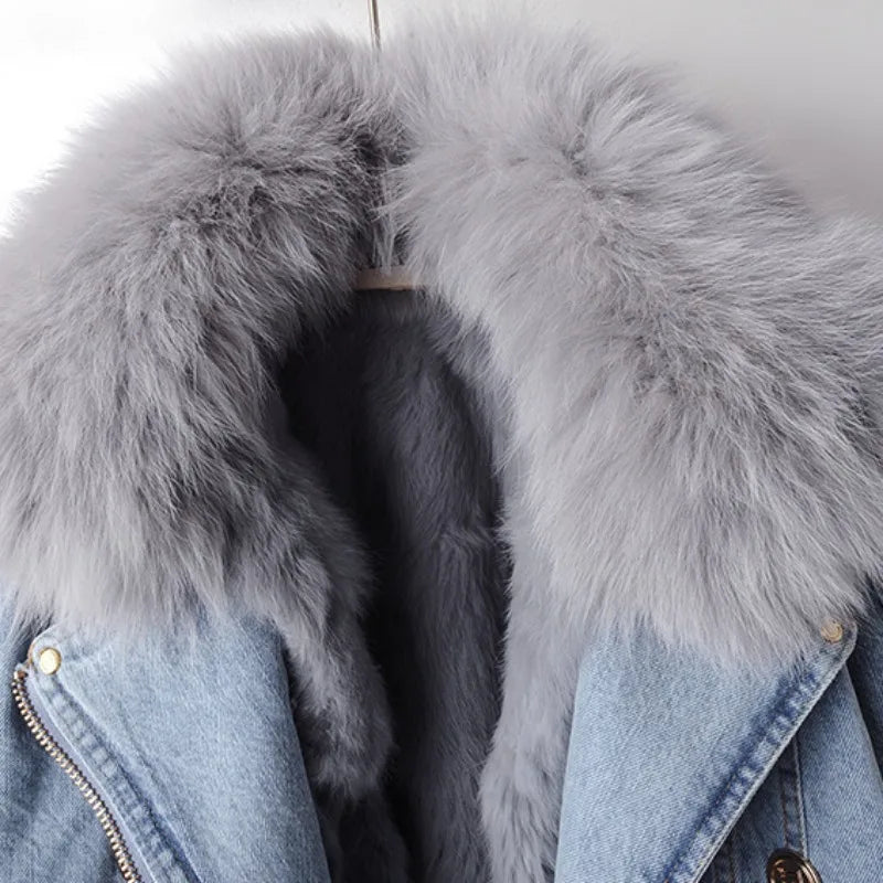 Cropped lined denim coat with removable collar for women | Elowen -5