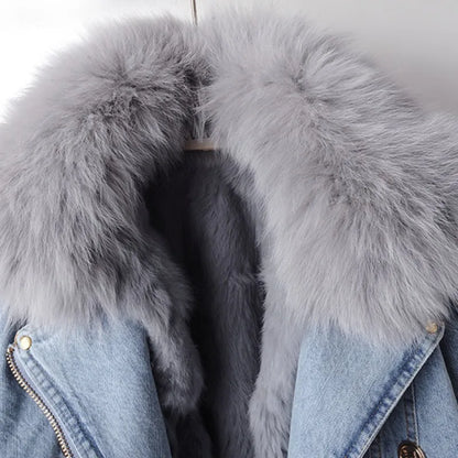 Cropped lined denim coat with removable collar for women | Elowen -5