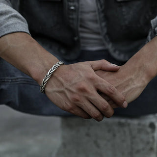 Braided silver open-cuff bracelet for men | Torin -2