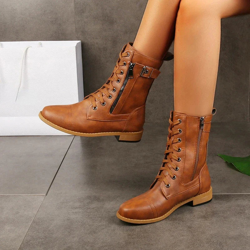 Lace-up leather zip ankle boots for women | Brandy -2