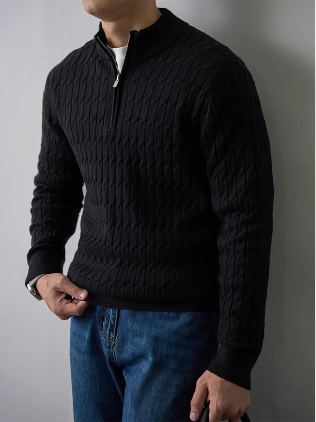 Cable-knit half-zip warm pullover for men | Ellison -3