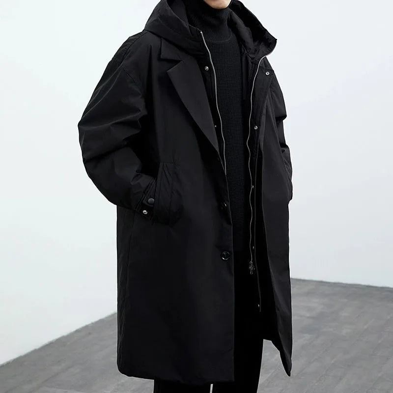 Long hooded zip-front tailored overcoat for men | Kensington -7