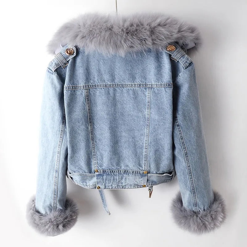Cropped lined denim coat with removable collar for women | Elowen -3