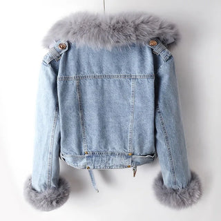 Cropped lined denim coat with removable collar for women | Elowen -3