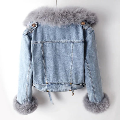 Cropped lined denim coat with removable collar for women | Elowen -3