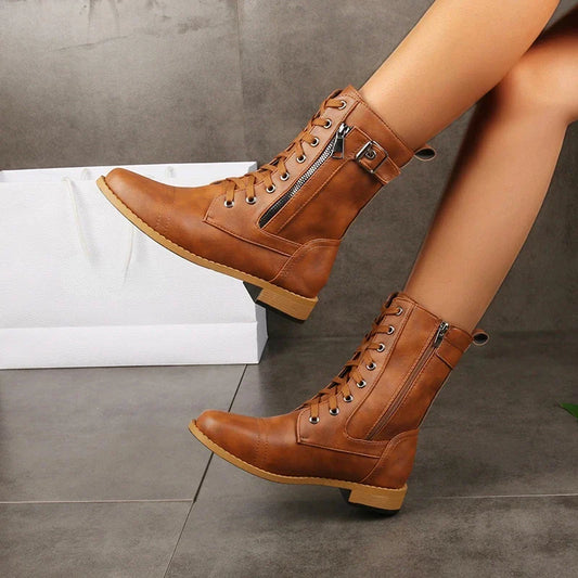 Lace-up leather zip ankle boots for women | Brandy -1