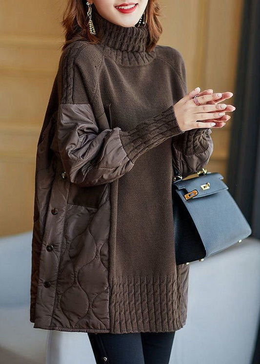 Chocolate patchwork turtleneck knit jumper for women | Patchelle -1