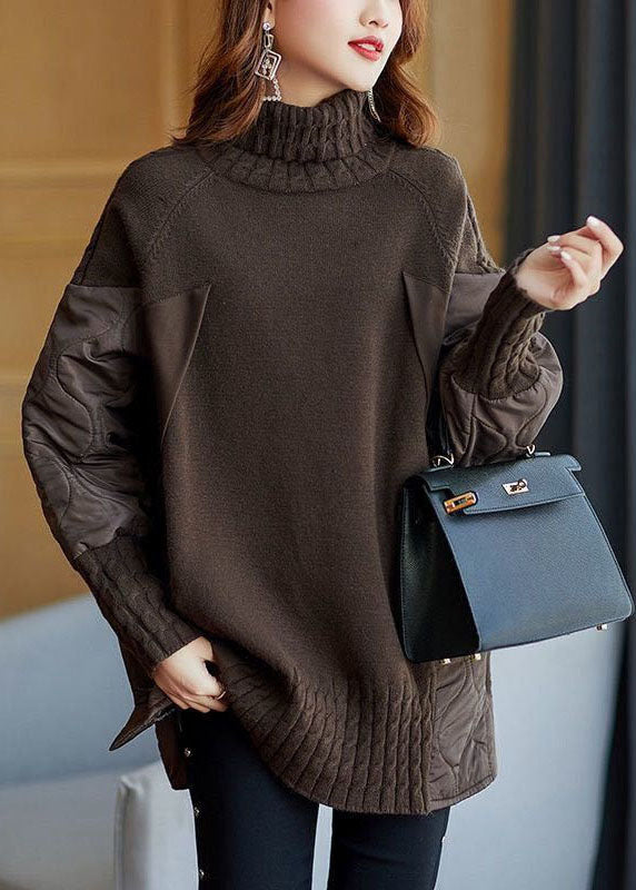 Chocolate patchwork turtleneck knit jumper for women | Patchelle -3