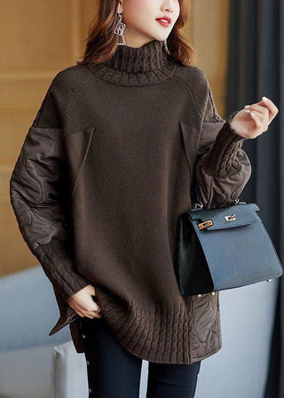 Chocolate patchwork turtleneck knit jumper for women | Patchelle -3