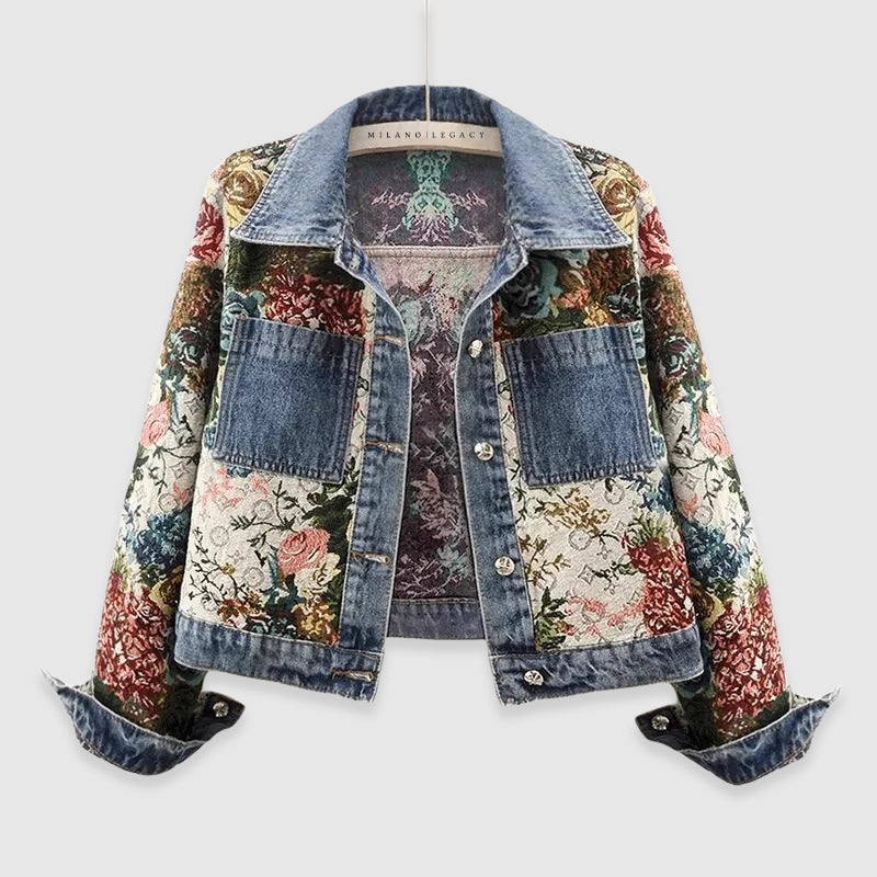 Floral-detail denim casual everyday jacket for women | Blossom Amoretti -1