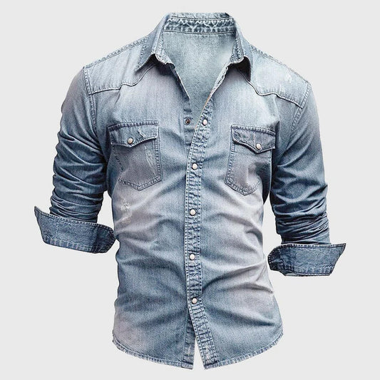 Slim-fit long-sleeve denim-style casual shirt for men | Miami Theodore -1