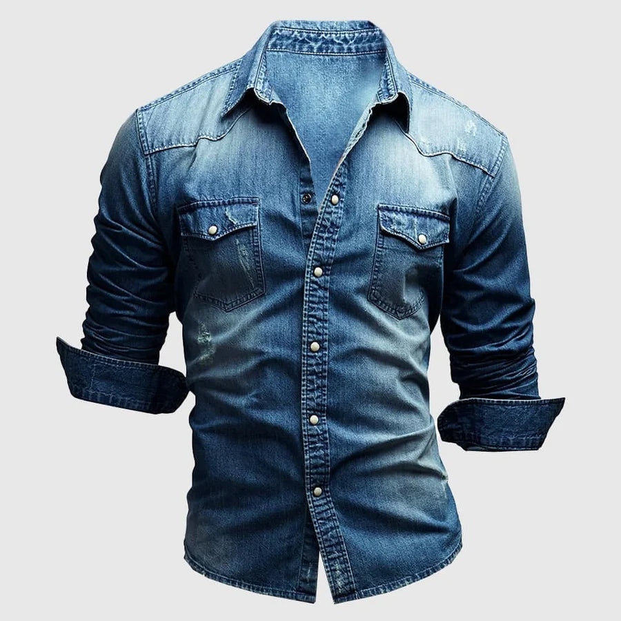 Slim-fit long-sleeve denim-style casual shirt for men | Miami Theodore -2