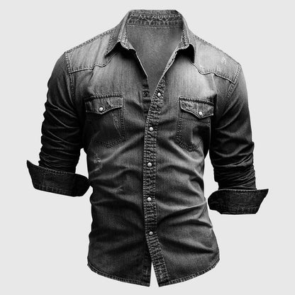 Slim-fit long-sleeve denim-style casual shirt for men | Miami Theodore -3