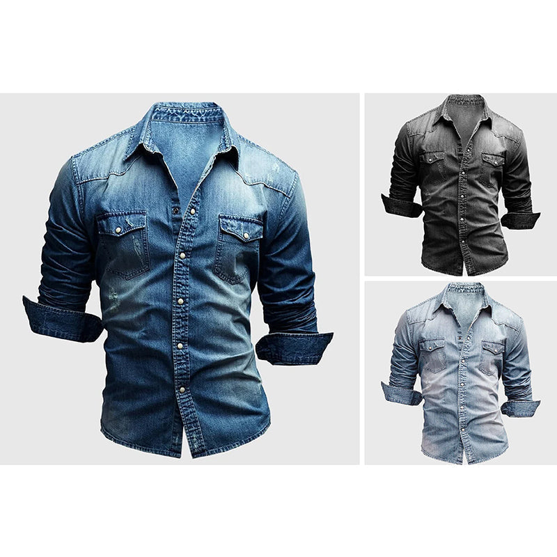 Slim-fit long-sleeve denim-style casual shirt for men | Miami Theodore -4