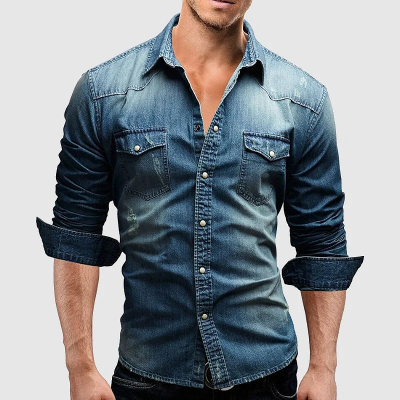 Slim-fit long-sleeve denim-style casual shirt for men | Miami Theodore -5