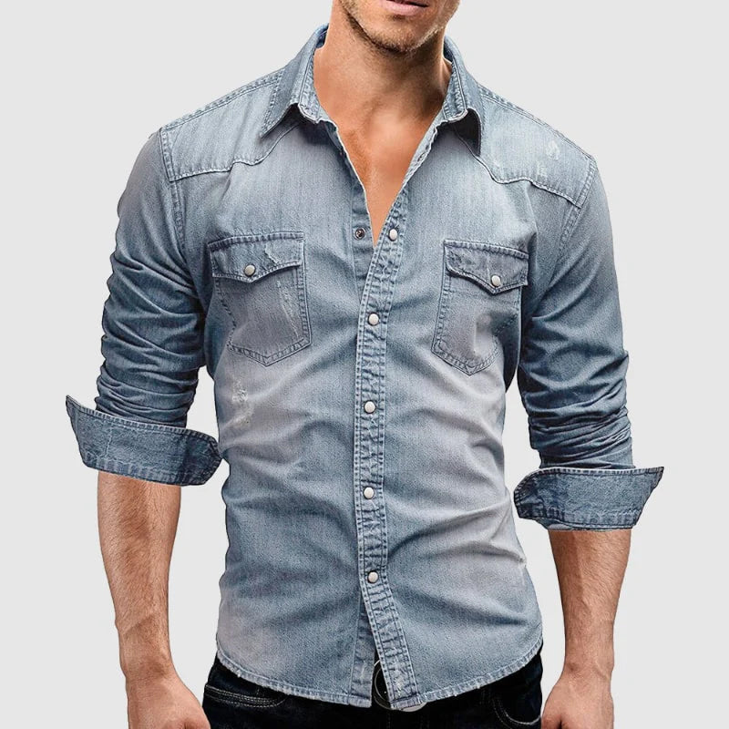 Slim-fit long-sleeve denim-style casual shirt for men | Miami Theodore -7