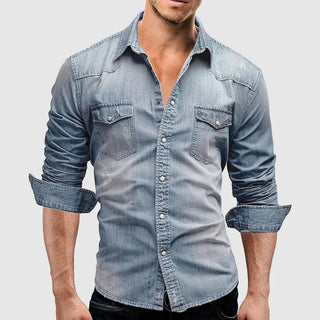 Slim-fit long-sleeve denim-style casual shirt for men | Miami Theodore -7