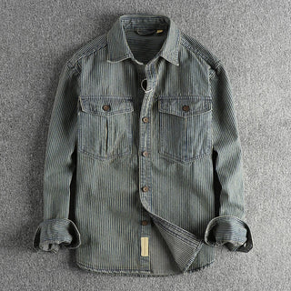 Vintage striped long-sleeve denim-style shirt for men | Willow Heritage -2