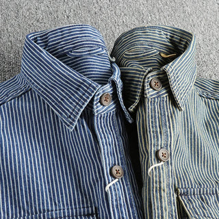 Vintage striped long-sleeve denim-style shirt for men | Willow Heritage -5