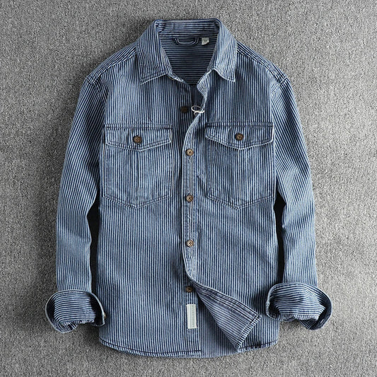 Vintage striped long-sleeve denim-style shirt for men | Willow Heritage -1