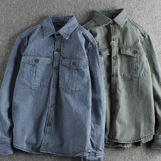 Vintage striped long-sleeve denim-style shirt for men | Willow Heritage -4
