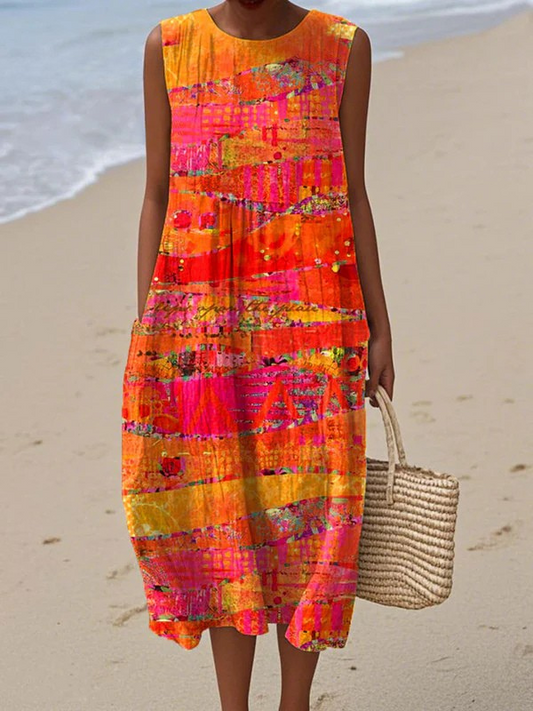 Sunset print flowy midi dress for women | Faye -1