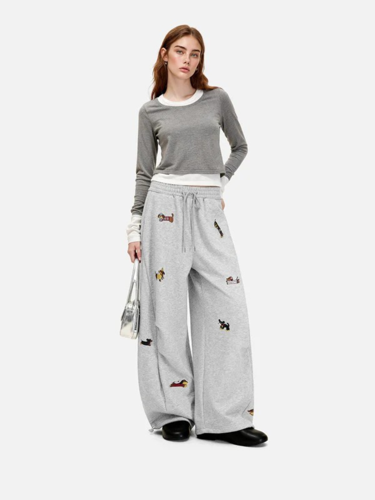 Embroidered barrel-leg casual sweatpants for women | Amalfi -4