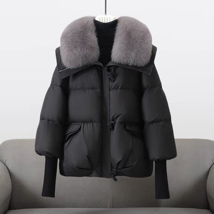Extended-length statement-collar puffer coat for women | Glam Valentina -1