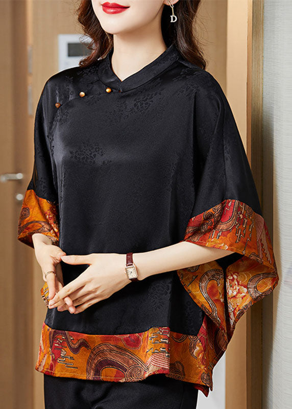 Vintage Black Mandarin Collar Asymmetrical Patchwork Shirt Women| Kaelisse