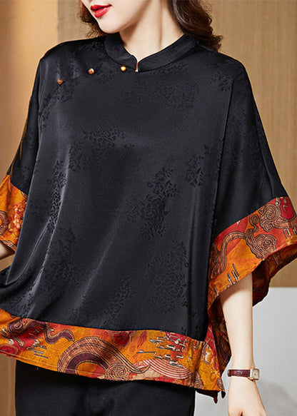 Vintage Black Mandarin Collar Asymmetrical Patchwork Shirt Women| Kaelisse