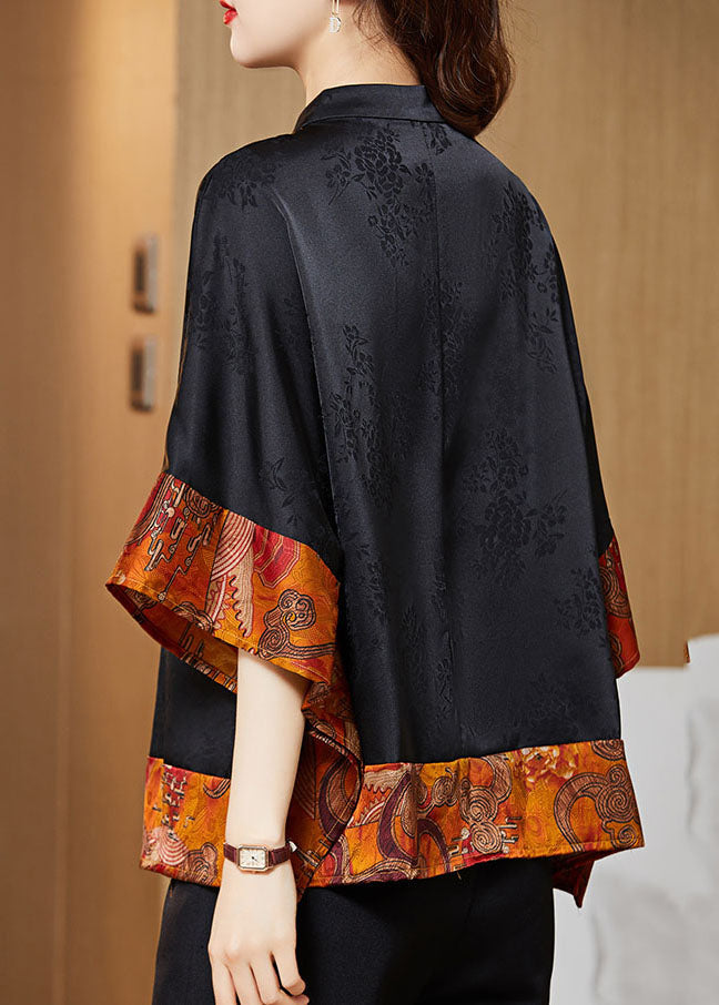 Vintage Black Mandarin Collar Asymmetrical Patchwork Shirt Women| Kaelisse