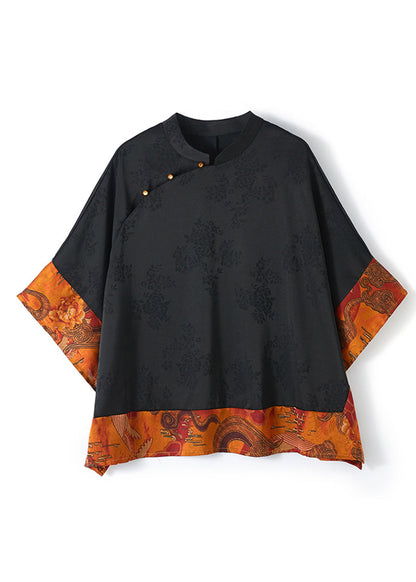 Vintage Black Mandarin Collar Asymmetrical Patchwork Shirt Women| Kaelisse
