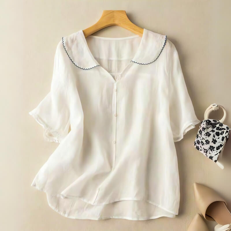 Scalloped-collar cotton-linen everyday blouse for women | Clara -5
