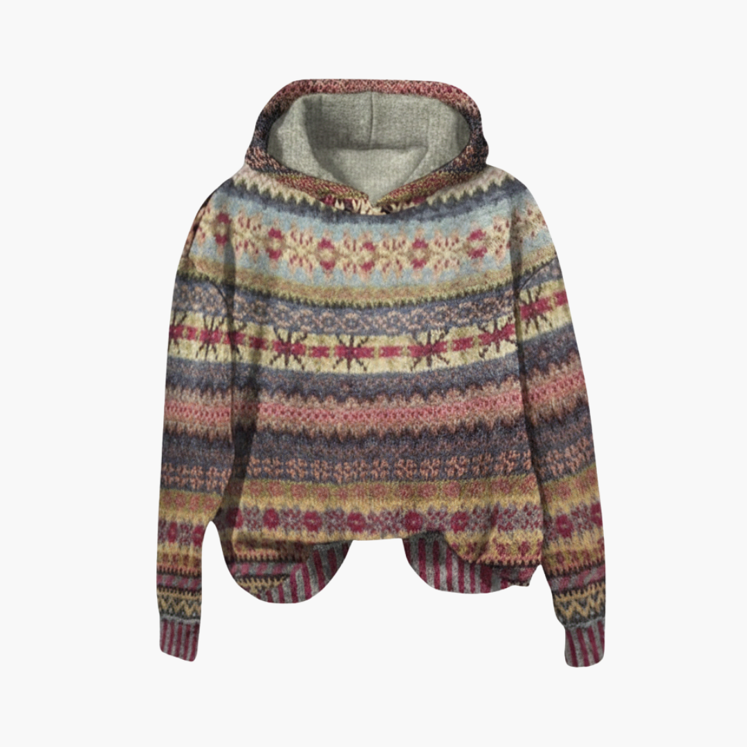 Geometric knit hooded pullover with ribbed cuffs for women | Elvara -1