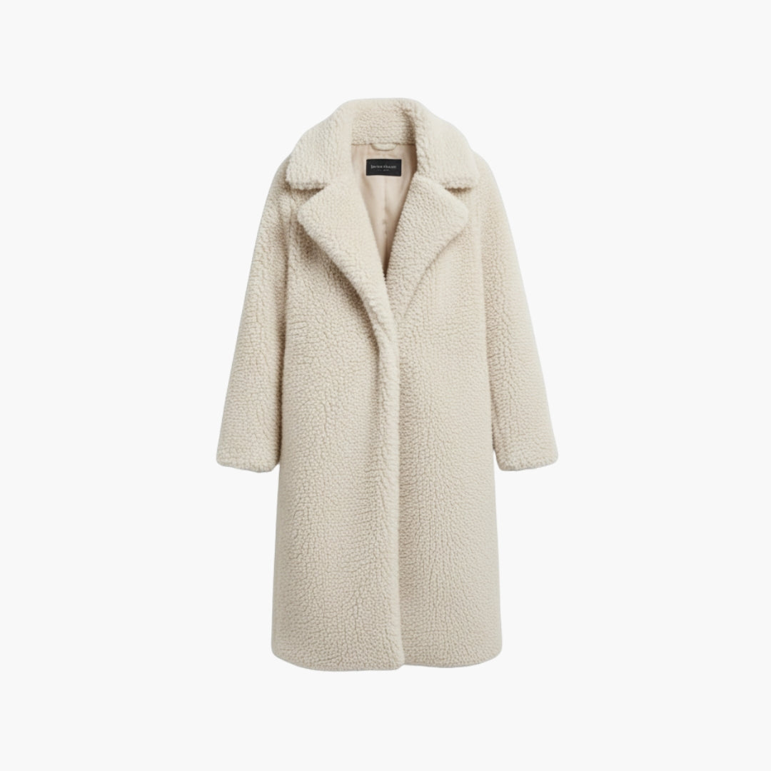 Long teddy coat with wide notched collar for women | Calorelle -1