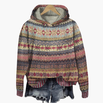 Geometric knit hooded pullover with ribbed cuffs for women | Elvara -2