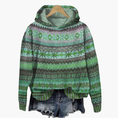 Geometric knit hooded pullover with ribbed cuffs for women | Elvara -3