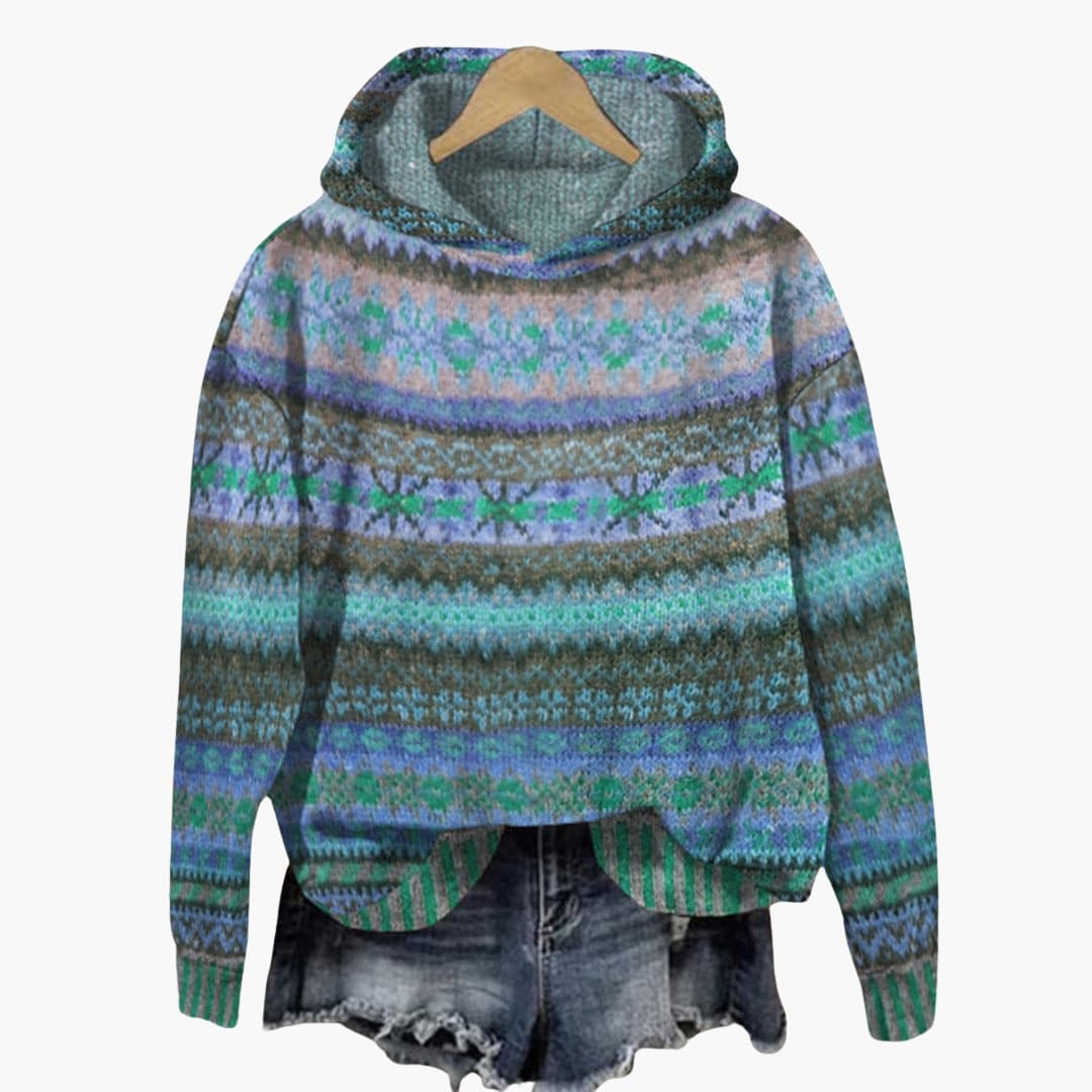 Geometric knit hooded pullover with ribbed cuffs for women | Elvara -4