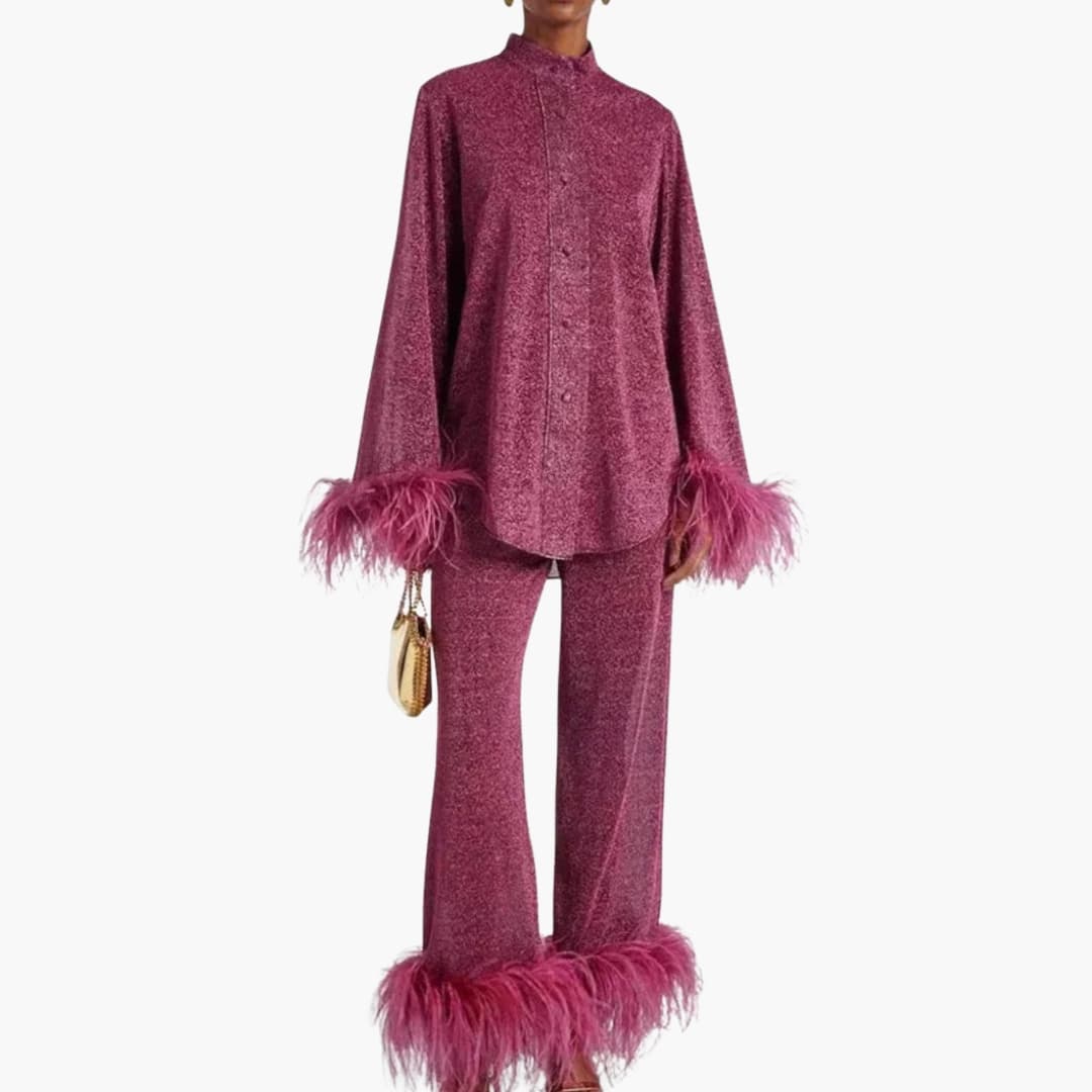 Feather-trim button-front two-piece occasion set for women | Mirelda -2