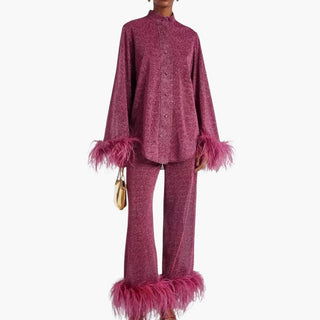 Feather-trim button-front two-piece occasion set for women | Mirelda -2