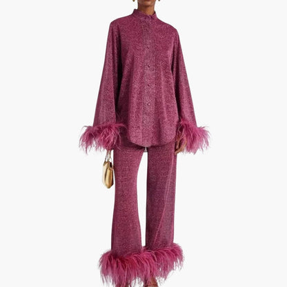 Feather-trim button-front two-piece occasion set for women | Mirelda -2