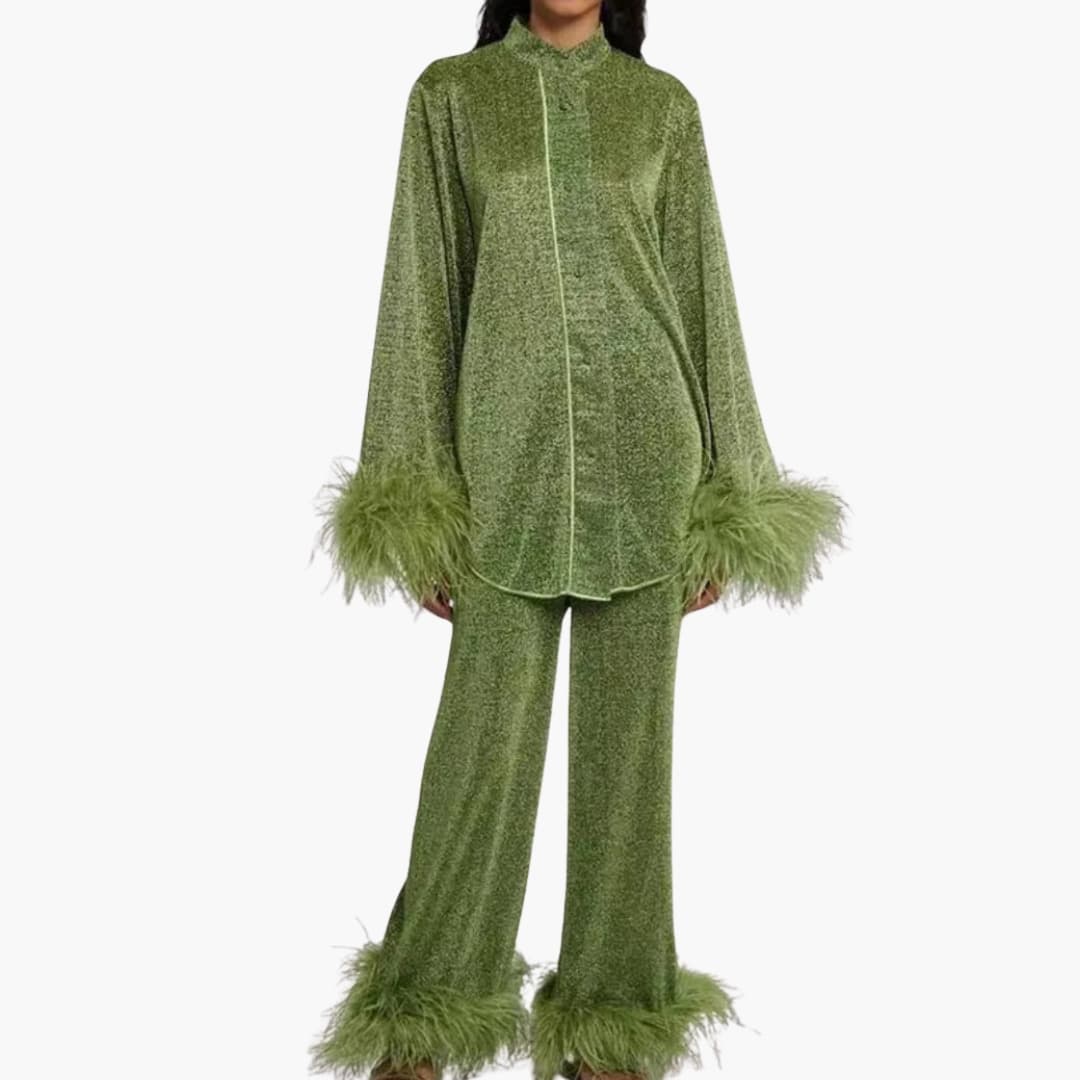 Feather-trim button-front two-piece occasion set for women | Mirelda -4