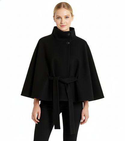 Elegant high collar long coat with removable belt for Women | Ivanna Élan