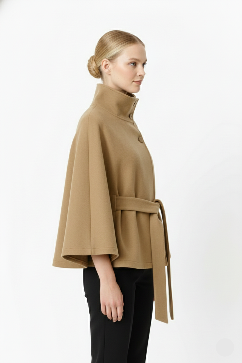 Elegant high collar long coat with removable belt for Women | Ivanna Élan