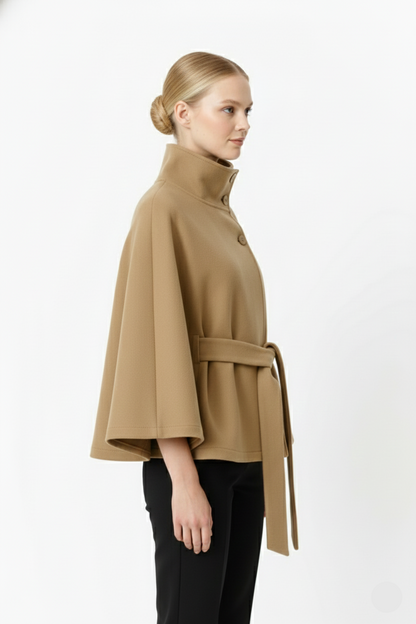 Elegant high collar long coat with removable belt for Women | Ivanna Élan