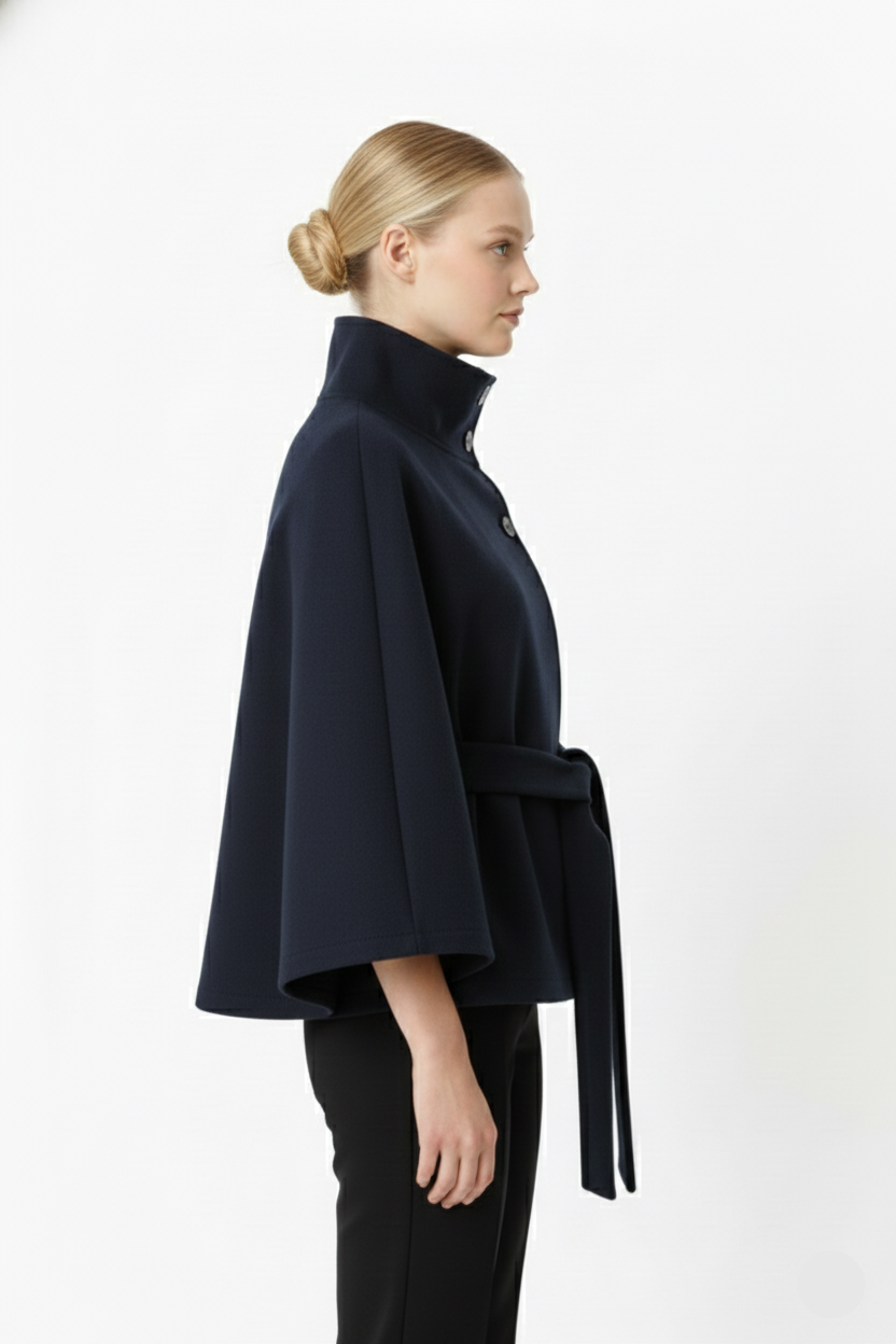 Elegant high collar long coat with removable belt for Women | Ivanna Élan