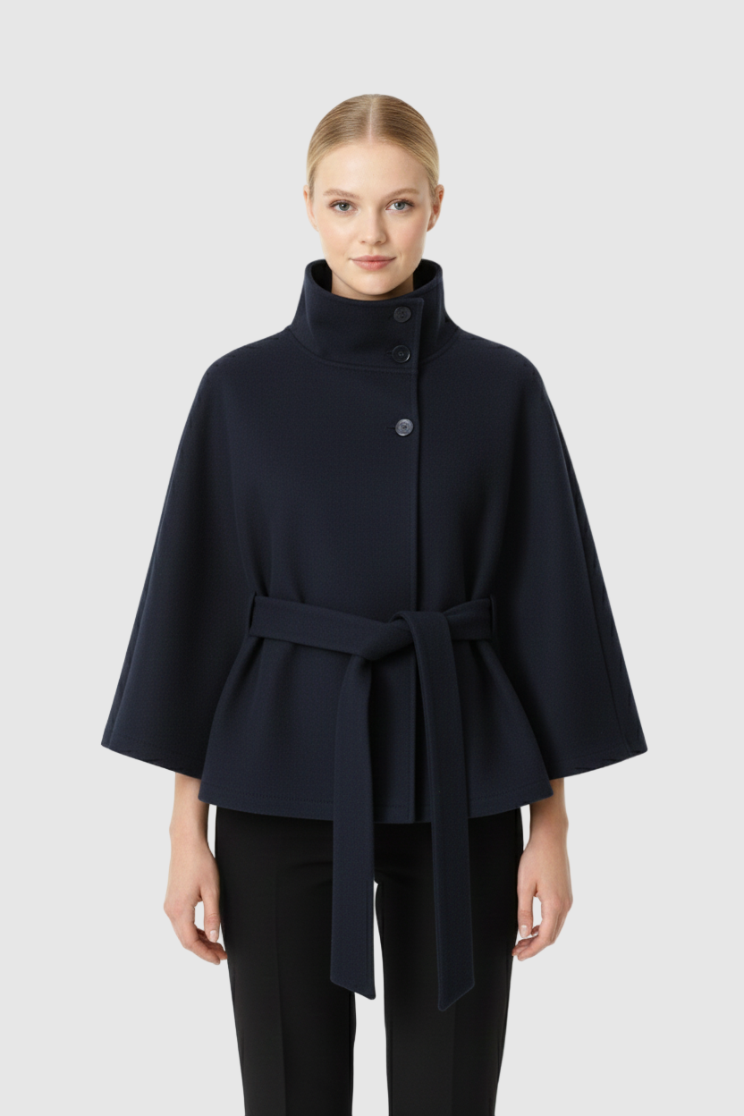 Elegant high collar long coat with removable belt for Women | Ivanna Élan