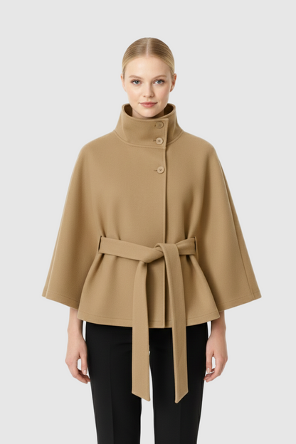 Elegant high collar long coat with removable belt for Women | Ivanna Élan