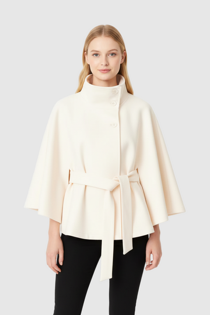 Elegant high collar long coat with removable belt for Women | Ivanna Élan